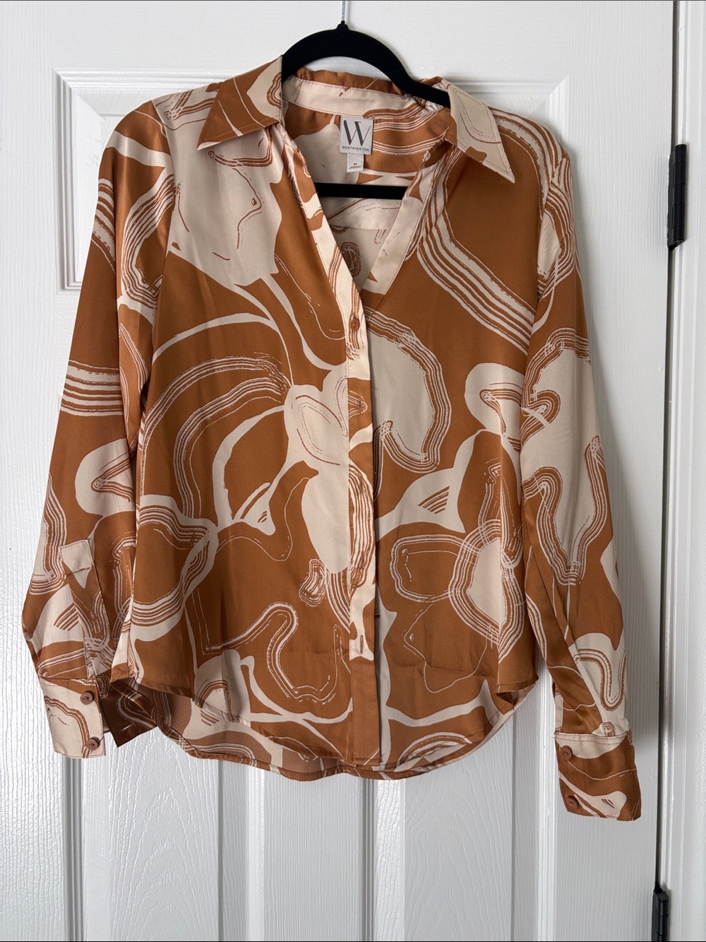 Women’s Sz M - Vintage Vibe Worthington Satin Abstract Shirt Brown Swirl